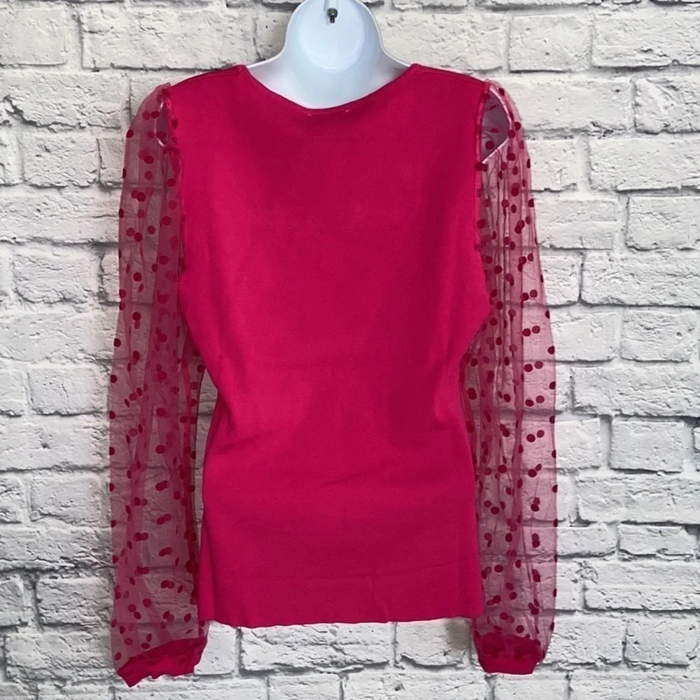 Eesome 1X Hot Pink Polka Dot Sheer Sleeve Blouse - Picture 6 of 15